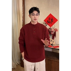 网图76313-P70本命年红色亨利领毛衣男款秋冬季轻熟风针织衫，男装针织衫/毛衣，电商D310B