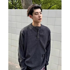 美式复古亨利领长袖t恤老钱风肌理感-A061-LK80194-特批40-网图！，男装T恤，电商A061
