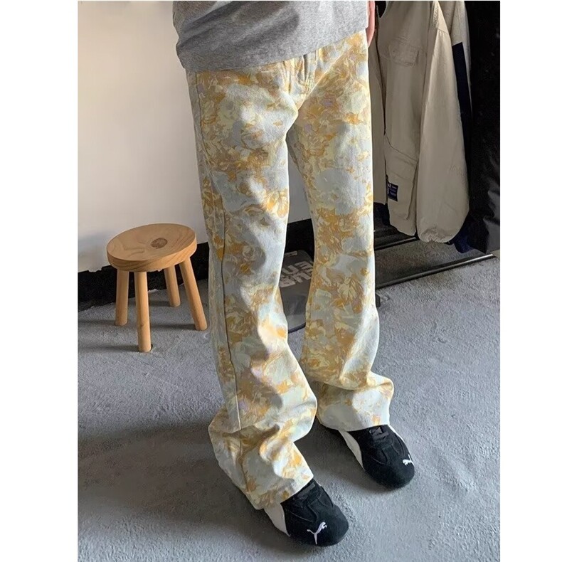 春季满印提花牛仔裤男款美式高街裤子直筒微喇弯刀裤LK83077-P38,男装牛仔裤,星座1008