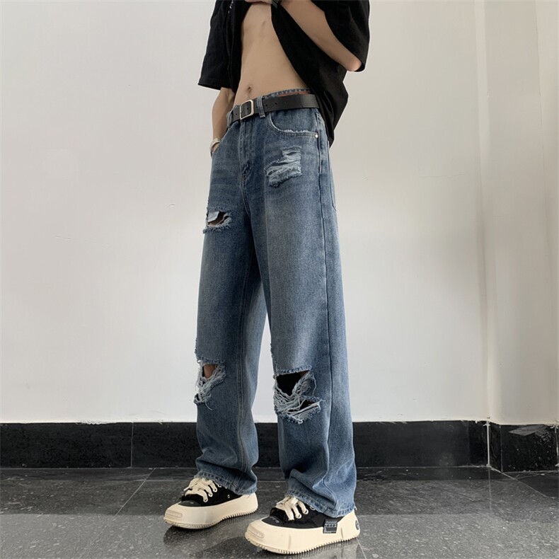 破洞牛仔裤男夏季设计感小众宽松阔腿直筒乞丐裤潮牌潮流vibe裤子,男装牛仔裤,星座410-7