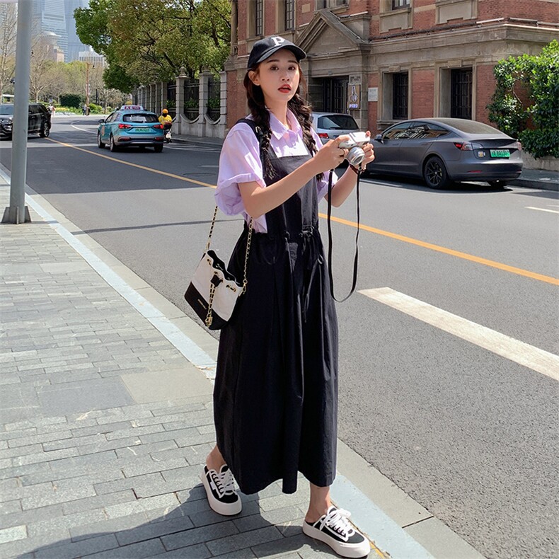 小众设计感纯色连体裙裤韩版休闲宽松收腰阔腿九分裤工装背带裤女,女装连体裤,一九零