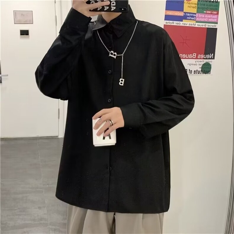 垂感白色衬衣男女炸街宽松休闲纯色简约长袖衬衫C607-P38,男装衬衫,星座1109-3