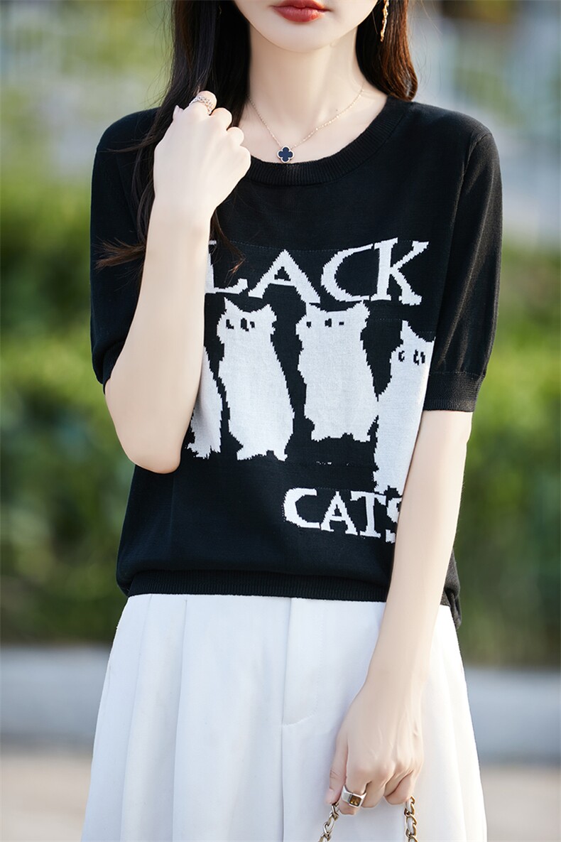 法式正肩冰丝提花针织短袖T恤女2025夏薄简约宽松显瘦小衫t恤上衣,女装T恤,斯美雅电商供货