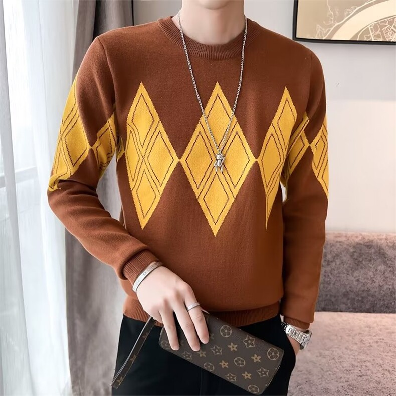 网红秋冬韩版英伦圆领撞色菱格针织套头毛衣休闲打底衫男S532，男装针织衫/毛衣，星座1116A-2（原606A-1）