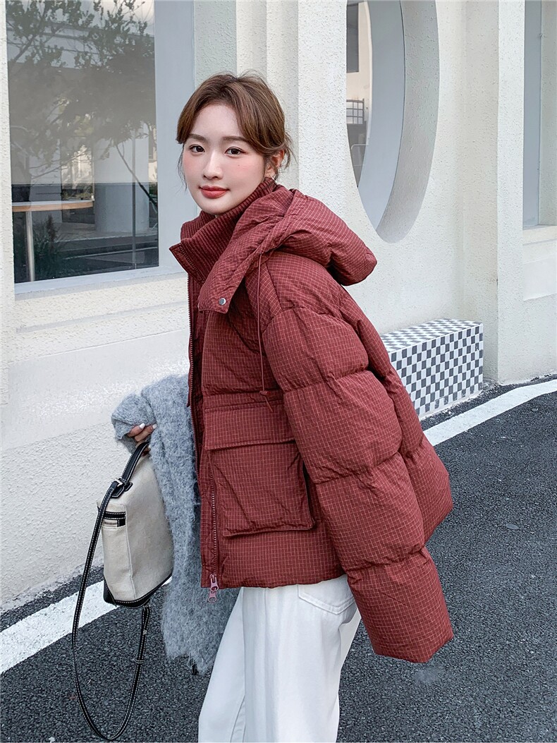 高级感安哥拉红羽绒服女小个子2025冬季新款加厚保暖连帽面包服,女装短外套,2B156