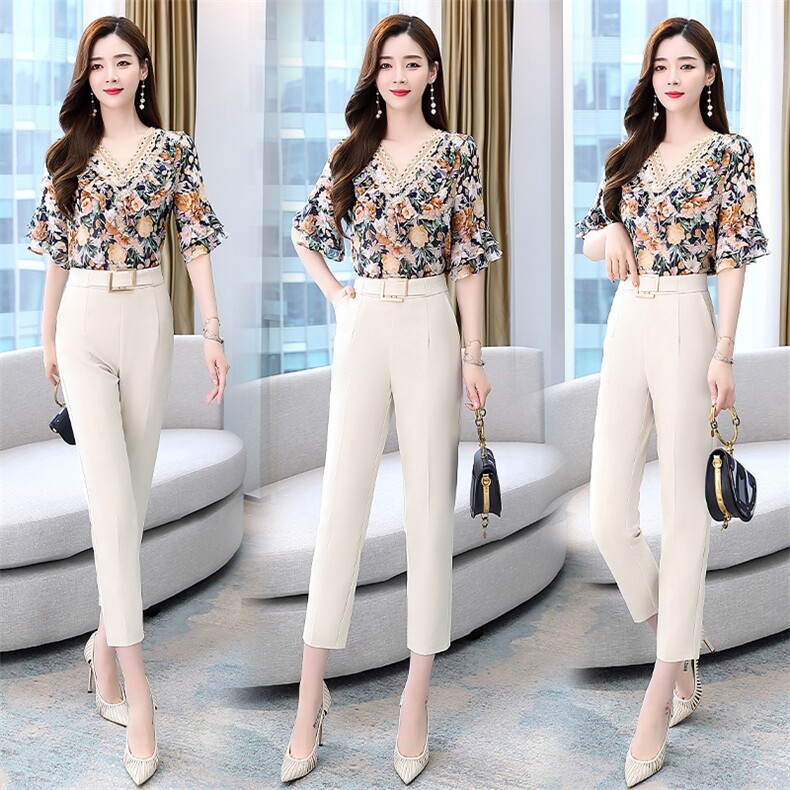 2022夏季气质收腰优雅简约大方优雅性感领口宽大透气遮肉显瘦，女装套装/套裙，时尚俏佳人