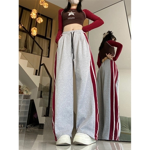 休闲裤女春秋美式宽松百搭高腰显瘦垂感直筒竖条阔腿裤K0979-P38图片