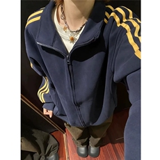 藏青色三条杠开衫卫衣男秋季潮牌美式复古青少年宽松休闲立领外套，女装短外套，星座1210-1