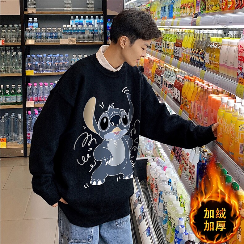1港风日系宽松休闲情侣套头圆领印花加厚毛衣男7750P55加绒P70图片