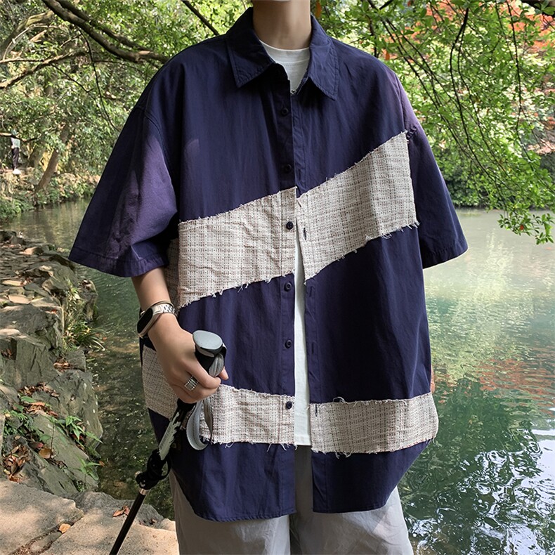 夏季宽松美式复古港风拼接短袖衬衫设计感CS0110-P38,男装Polo衫,星座308B-2