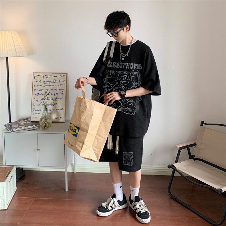 套装！华夫格套装男T恤短裤两件套大码港风TZ121-P50,男装休闲套装,电商B367