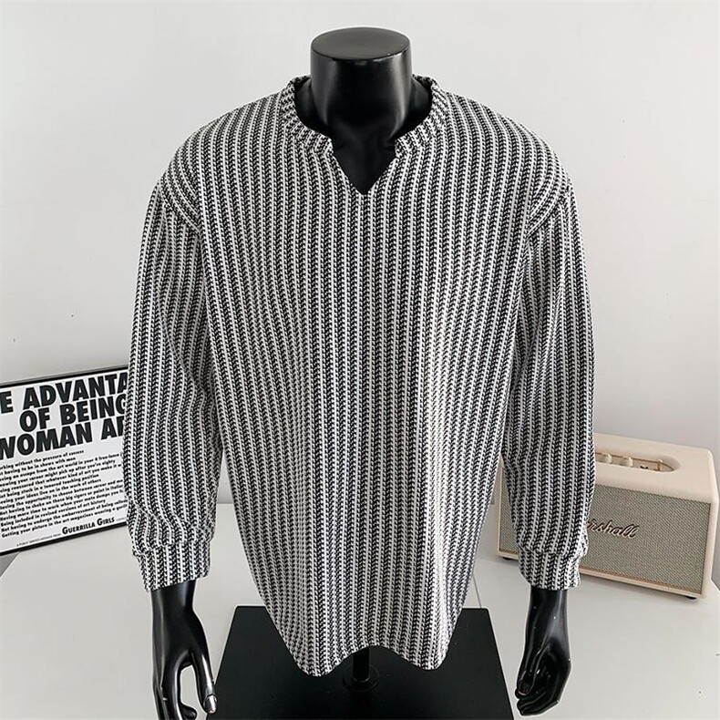 美式高街千鸟格子长袖T恤男女亨利V领英伦雅痞休闲宽松长袖打底衫，男装T恤，电商A443