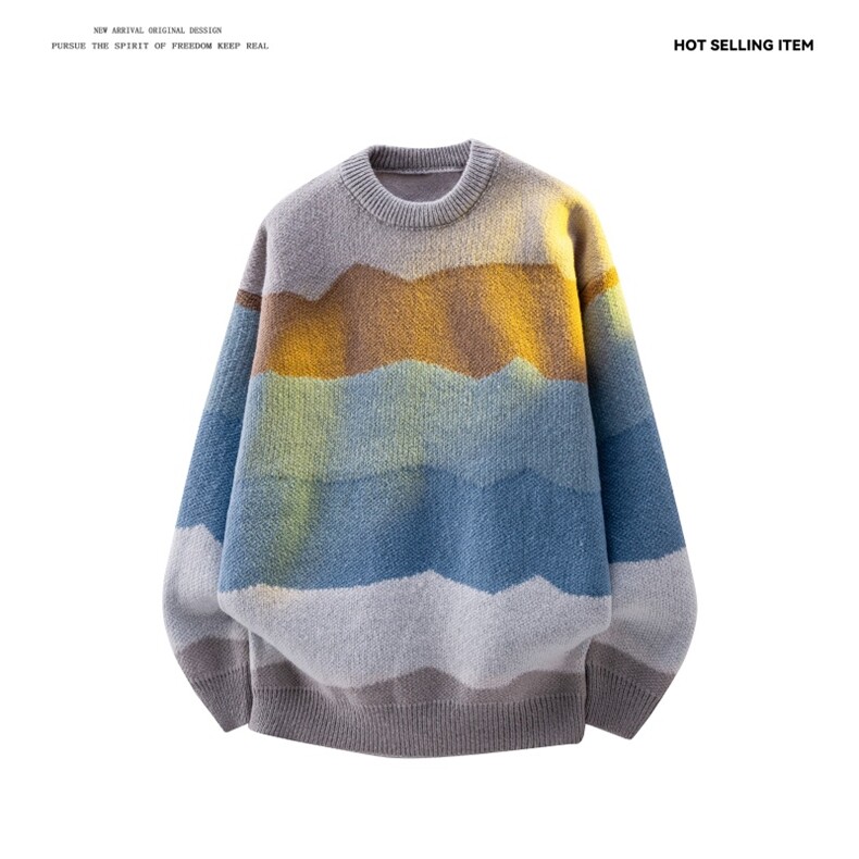 M9107/P65秋冬设计感新款圆领毛衣男百搭简约宽松条纹打底针织衫，男装针织衫/毛衣，电商A141