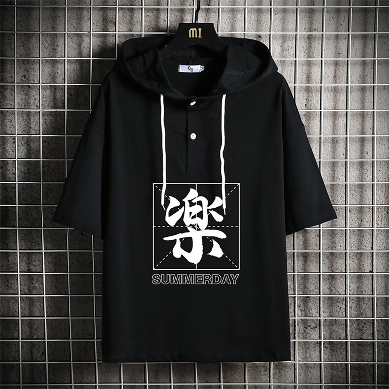 LD54197-P45连帽短袖t恤男大码胖子带帽五分袖中袖网格挂拍,男装T恤,电商A040A