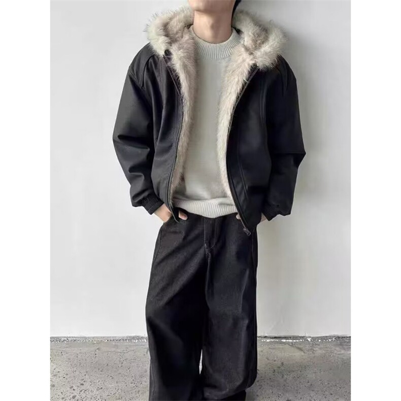重磅皮衣棉服男冬季连帽廓形美式水洗做旧潮牌毛领座山雕保暖外套,男装皮衣,四季星座505