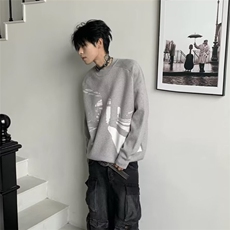 长袖潮常规套头青少年宽松型美式复古剪影印花毛衣针织衫慵懒休闲，男装针织衫/毛衣，星座506A