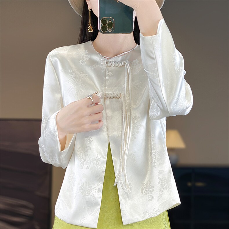 新中式国风长袖缎面外套女春季新款提花盘扣设计优雅外搭上衣，女装衬衫，佳绒高端店