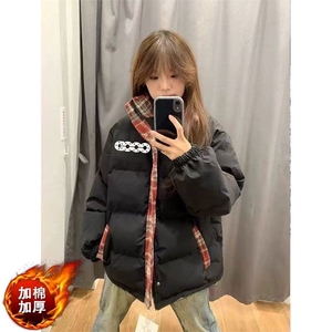 美式复古格子拼接棉服冬季新款宽松百搭小众棉衣MF309-P82图片