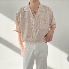 夏季韩版宽松古巴领短袖衬衫男士高级感潮流INS痞帅免烫花衬衣，男装T恤，星座1210-1