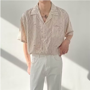 夏季韩版宽松古巴领短袖衬衫男士高级感潮流INS痞帅免烫花衬衣图片