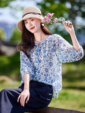 2025早春新款韩版设计感一字肩碎花系带雪纺衫女小个子韩版洋气，女装衬衫，靓衣阁