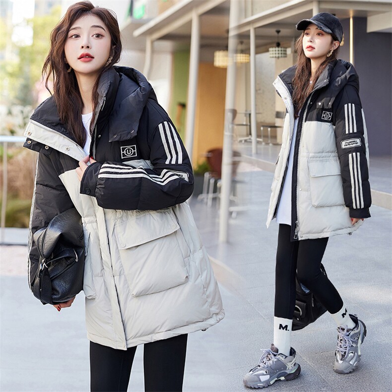 现货连帽中长款抽绳白鸭绒羽绒服女冬季新款设计感小众加厚立领,女装羽绒服,天丽