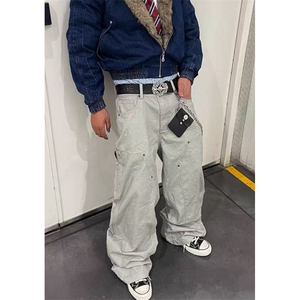 泼墨宽松直筒工装裤拼接撞色阔腿休闲牛仔裤男春季 NA407图片