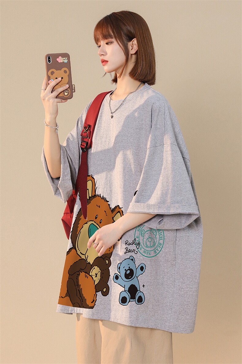中性风春夏新款宽松小熊印花运动休闲短袖T恤多色T6019P25控38,男装T恤,电商A268