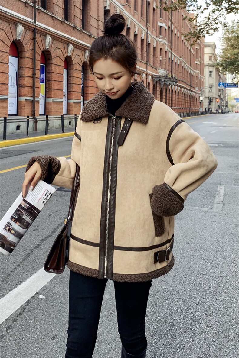 羊羔毛麂皮绒皮毛一体外套女2025年冬新款中长款毛毛上衣机车服女,女装短外套,帛香坊