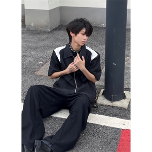 撞色拼接cleanfit短袖衬衫男垫肩高级感小众设计尼龙褶皱半袖衬衣图片