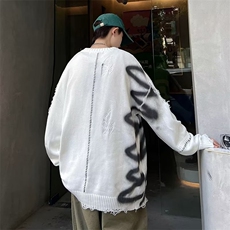 破洞针织衫男涂鸦韩版潮流2024冬季新款ins宽松毛衣MZ595X-P48，男装针织衫/毛衣，星座412-3