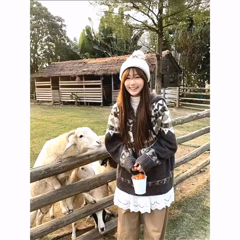 重磅秋冬北极绒开衫毛衣美式复古休闲慵懒风牛角扣针织衫连帽外套图片