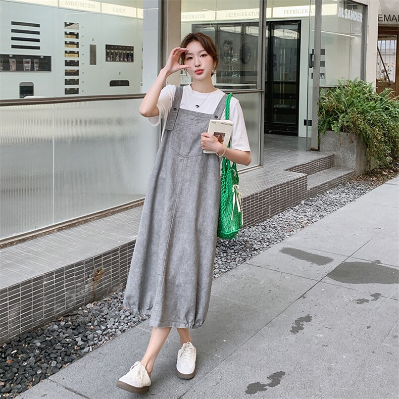 灰色工装背带裙套装女2025夏季新款韩系慵懒风宽松显瘦休闲连衣裙,女装连衣裙,浙宝276（原081）