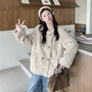 米白色秋冬皮毛一体外套女仿水貂绒休闲上衣2D045-P215-K288图片