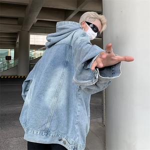 做旧水洗连帽牛仔卫衣男秋季美式复古街头风宽松外套夹克男图片