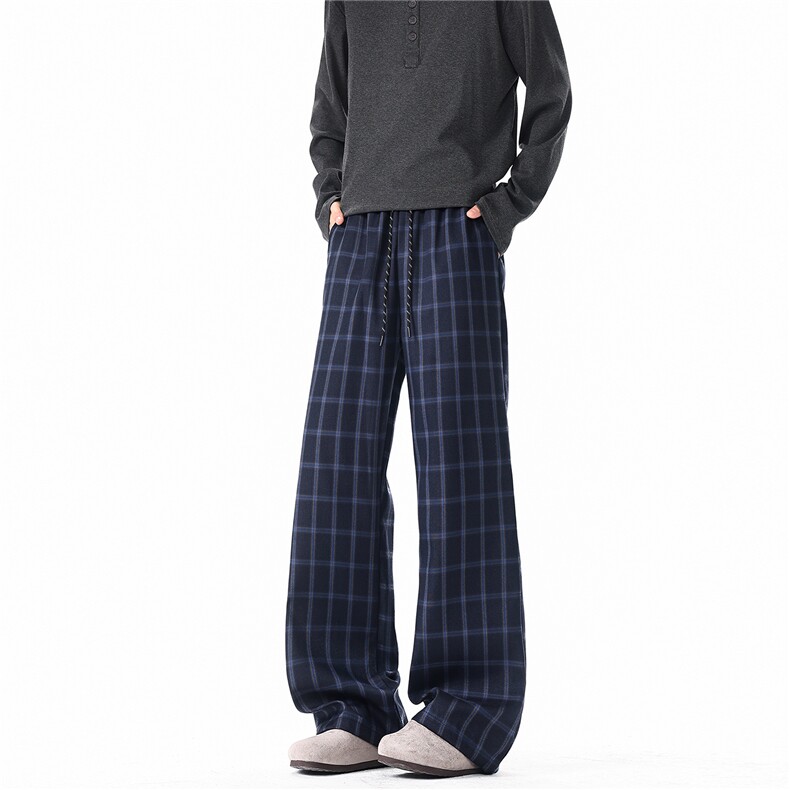 藏青色格子裤cleanfit休闲微喇裤子男190高个子加长直筒裤KZ104，男装休闲裤，电商B312