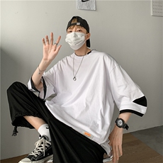 港风破洞T恤男宽松假两件短袖五分袖180g，X1213-T112-P35，男装T恤，星座1213