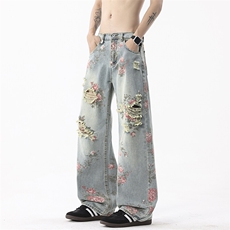 松弛感破洞牛仔裤男夏季薄款美式复古风花卉满印高级感显瘦直筒裤，男装牛仔裤，电商B221