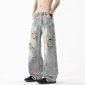 松弛感破洞牛仔裤男夏季薄款美式复古风花卉满印高级感显瘦直筒裤图片