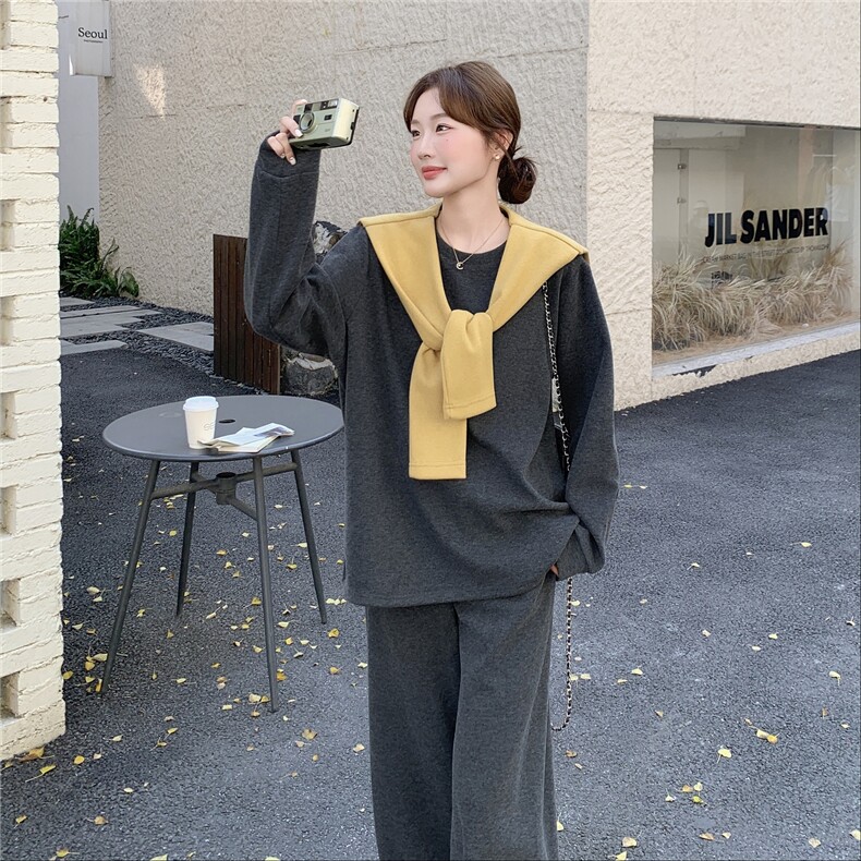 韩系撞色拼接休闲卫衣阔腿裤三件套女秋冬2025新款一整套ootd穿搭图片