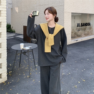 韩系撞色拼接休闲卫衣阔腿裤三件套女秋冬2025新款一整套ootd穿搭图片