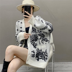 HE|重工撞色抽象主义加厚baby山羊绒针织开衫女V领中长款外套，女装针织衫/毛衣，国旺羊绒