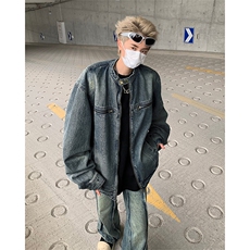 美式复古做旧水洗宽松牛仔外套男立领拉链潮牌夹克男JK89366-p73，男装夹克，星座1008