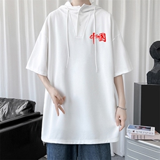 LD54276-P45连帽短袖t恤男大码胖子带帽五分袖中袖，男装T恤，电商A040