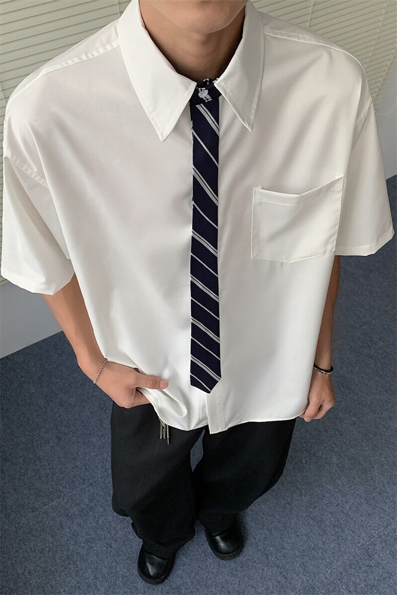 领带拼接格子纯色基础款黑白色男生学院风短袖衬衫夏季CS2537特40,男装T恤,电商B289