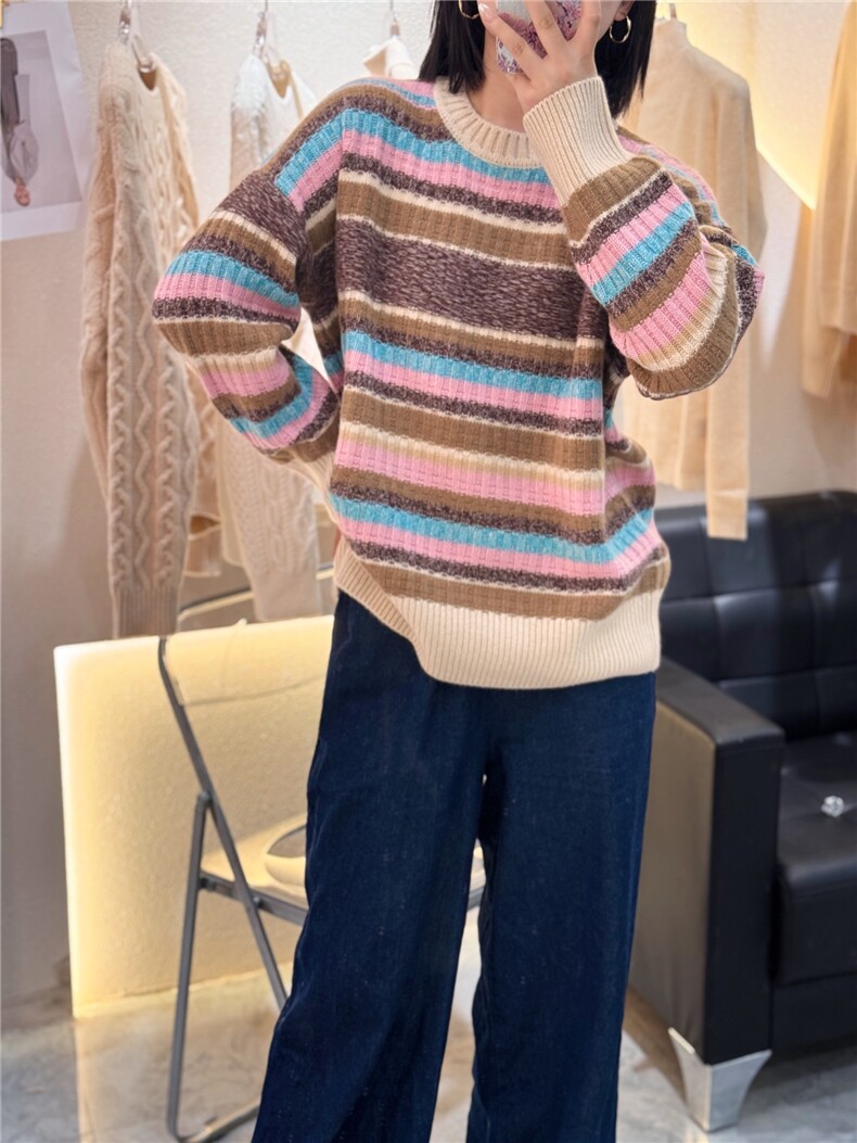 羊绒衫女秋冬新款圆领条纹拼色宽松毛衣百搭时尚针织打底衫,女装羊绒衫,大千羊绒