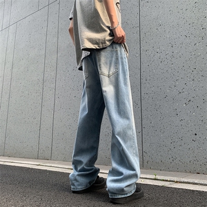 水洗做旧牛仔裤男美式高街痞帅潮牌宽松直筒阔腿休闲裤90211-p45图片
