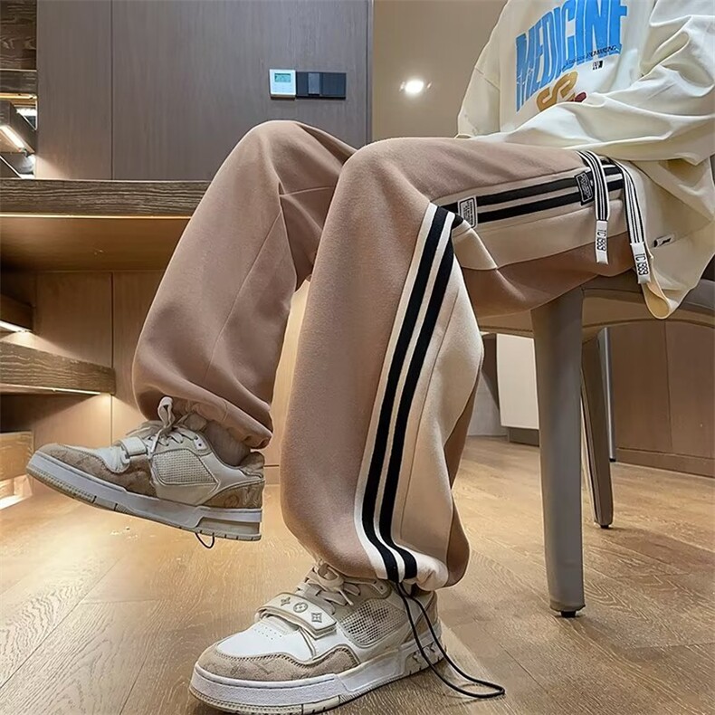 春款男卫裤贴标三条杠条纹拼接抽绳束脚长裤大码M-5XL H108 P65图片