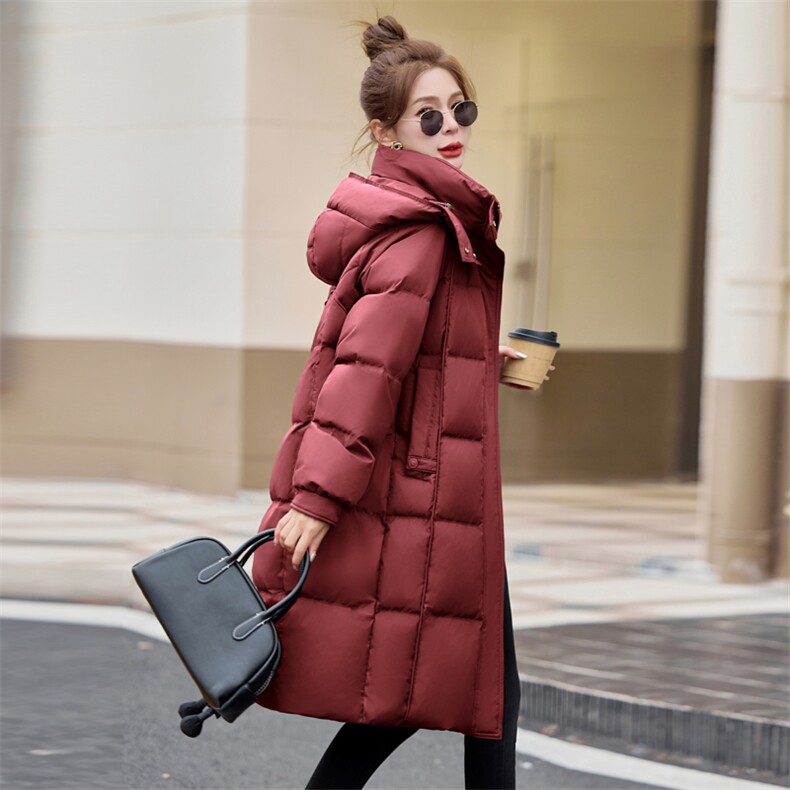 咖色连帽加厚鹅绒羽绒服女2024冬季新款宽松时尚长款过膝保暖外套,女装羽绒服,牡丹诺