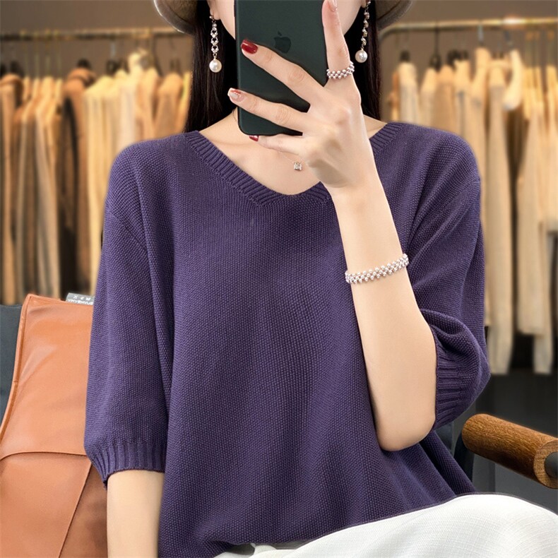 夏季新款100%纯棉针织短袖女V领中袖宽松显瘦薄款纯色t恤百搭上衣,针织衫/毛衣,品高羊绒